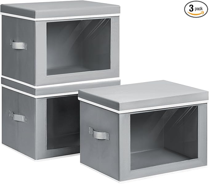 Homsorout Storage Bins with Lids, 3 Pack Large Storage Cubes with Window, Closet Bins with Lids & Handles, Fabric Box for Organizing Clothes, Towels, Books, Grey