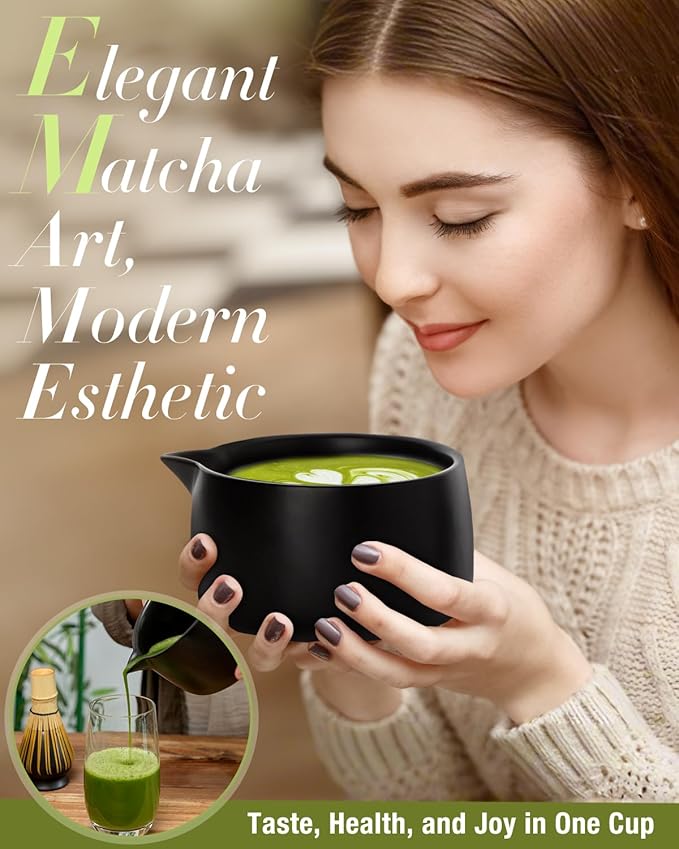 20OZ Matcha Whisk Set - 5PCS Matcha Set Includes Macha Bowl with Spout, Bamboo Whisk with Ceramic Holder, Bamboo Scoop and Sifter, Matcha Kit for Ceremony, Gift for Matcha Lovers (Matte Black)