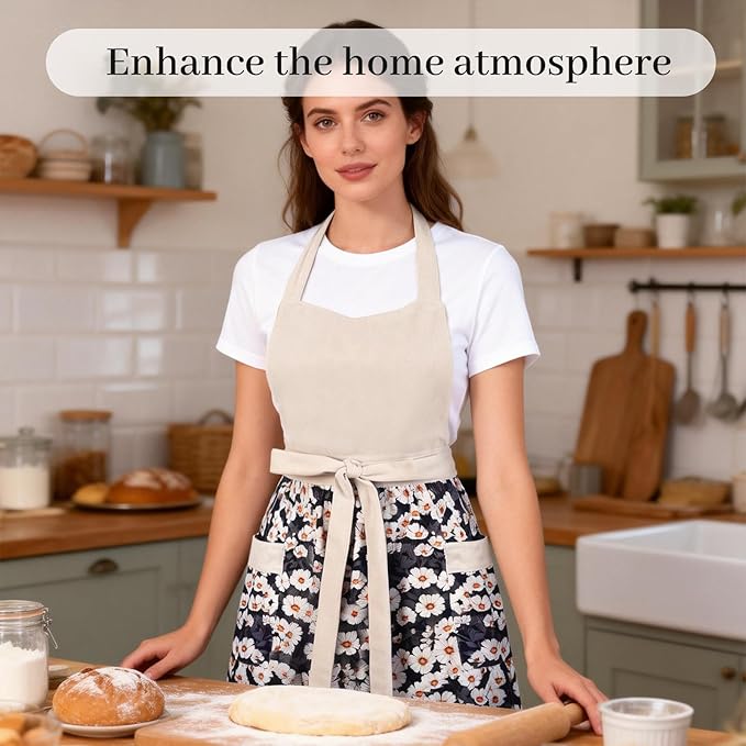 Cute Floral Aprons for Women with Pockets,Cotton Adjustable Neck Strap Apron for Kitchen Cooking Baking Gardening