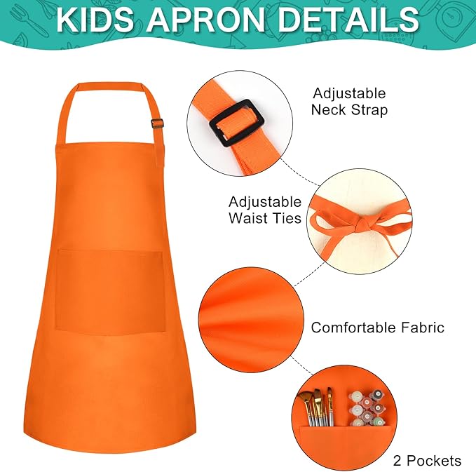 PLULON 12 Pcs Kids Aprons with 2 Pockets Painting Aprons for Kids Aprons Bulk, Paint Apron Adjustable Children Chef Aprons for Girls Boys Painting Baking Cooking Crafting - 12 Colors