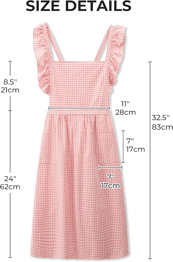 Vintage Gingham Apron for Women, Ruffle Straps, 2 Pockets, Soft Cotton, Apron Dress Style for Cooking & Baking