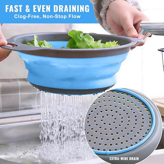 Collapsible Colander Set of 2, Folding Kitchen Strainers with Handles, Space-Saving Over-the-Sink Drainers for Pasta, Veggies & Fruit, BPA-Free, Dishwasher Safe, RV & Camping (Blue)