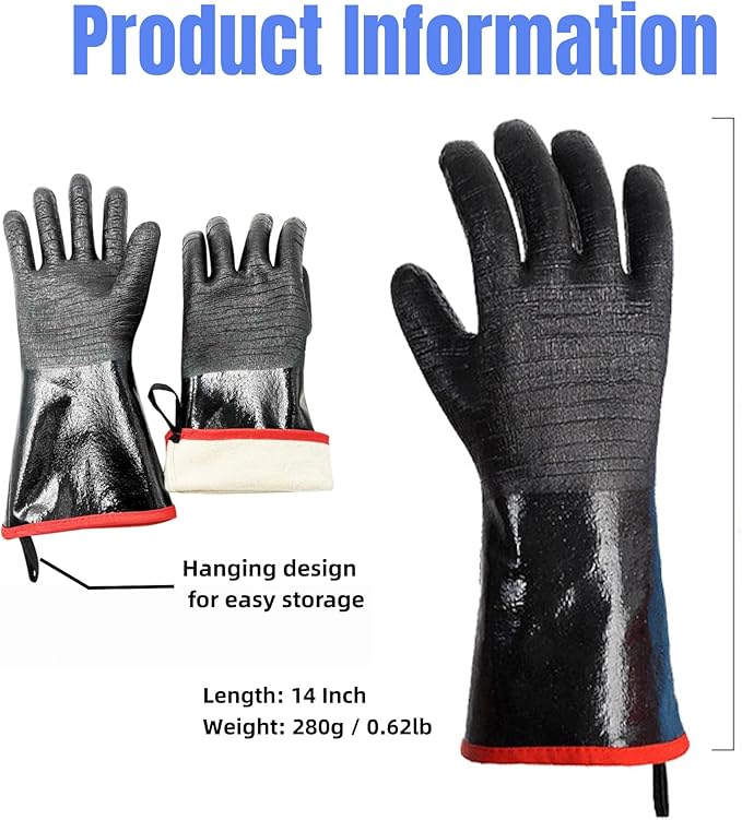 14 Inch BBQ Grill Flame Retardant Heat Insulation Gloves, Neoprene & Cotton Lining, 932°F Heat Resistant Oven Mitts, Non-Burning Anti-Slip Grilling Gloves for Kitchen/BBQ/Camping/High-Temp Work