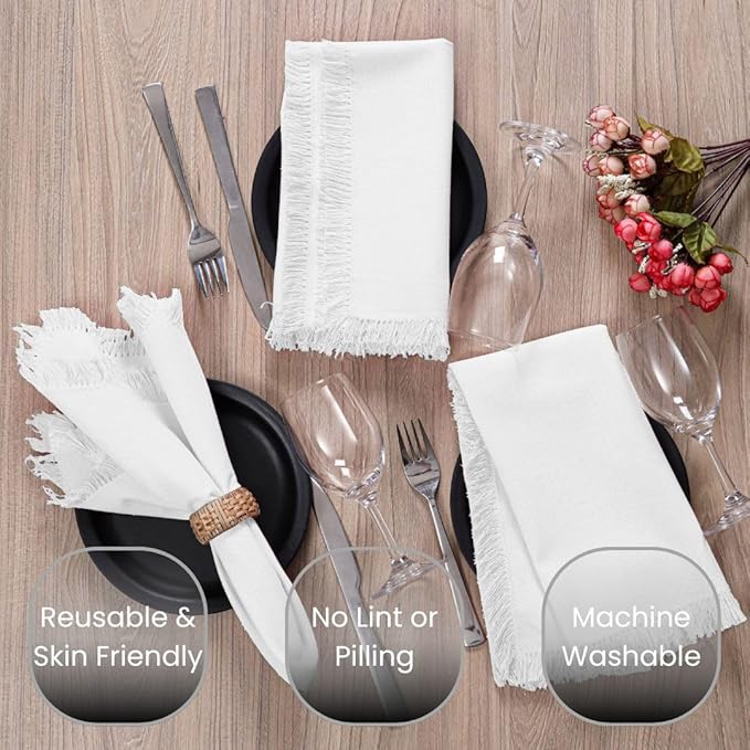 100% Cotton Cloth Dinner Napkins with Fringes Set of 6 - Large 20x20 Inches White - Soft Durable Reusable - Perfect for Dining Special Occasions Wedding Holidays Christmas