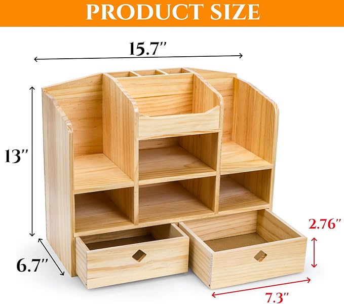 Wooden Desk Organizer with Drawers, Large Countertop Office Supplies Accessories Organization with 10 Compartments, Multifunctional Storage Box Makeup Storage Shelf Rack for Home, Office