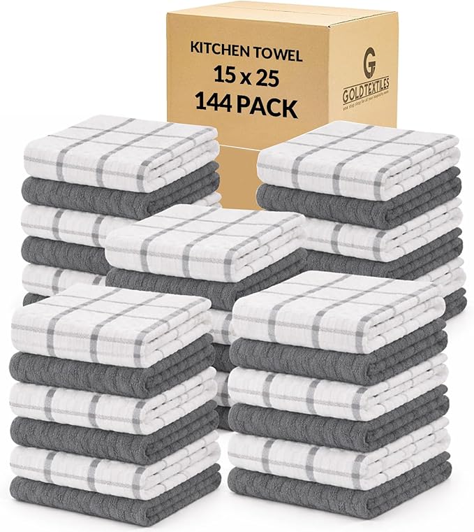 GOLD TEXTILES 100% Cotton Waffle Weave Kitchen Dish Towels 15x25 Inches, Ultra Soft Absorbent Quick Drying Dish Towels (144, Grey)