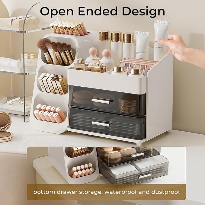 Makeup Organizer for Vanity with Brush Holder, Large Plastic Bathroom Countertop Skincare Organizer with 2 Drawers, Spacious Cosmetic Display Case for Perfumes, Eyeshadow Palettes, Nail Polishes