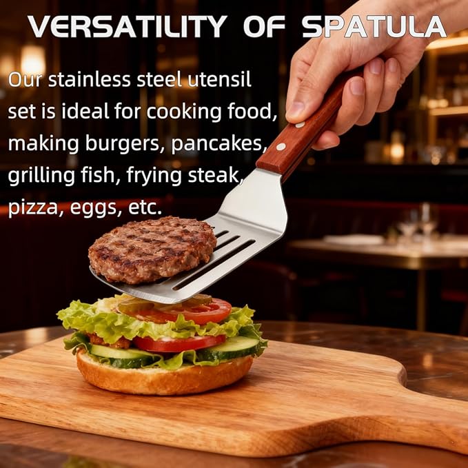 Pumtus 4 Pack Stainless Steel Spatula Set, 2 Sizes Metal Spatulas for Kitchen Use, Hevy Duty Solid & Slotted Turner with Wooden Handle, Flat Top Grill Spatula for Egg, Hamburger, Fish, Cooking, BBQ