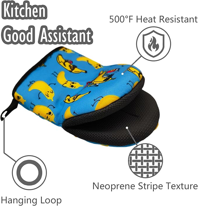 Funny Banana Oven Mitts, High Heat Resistant Kitchen Oven Gloves, Mini Silicone Oven Mitts, Non-Slip Grip Surfaces and Hanging Loop for Grilling, Baking, Cooking and Microwave, Gift