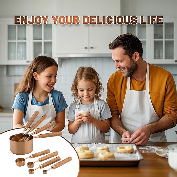 Premium Measuring Cups and Spoons Set with Wood Handle, 8-Pieces Stainless Steel Liquid and Dry Measuring Cup Set for Baking, Cooking, Coffee with Ergonomic Grip & Engraved Markings (Bronze8)