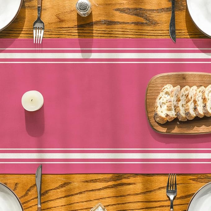 Artoid Mode Pink Beige Simple French Stripe Table Runner, Seasonal Spring Summer Kitchen Dining Table Decoration for Home Party Decor 13x72 Inch