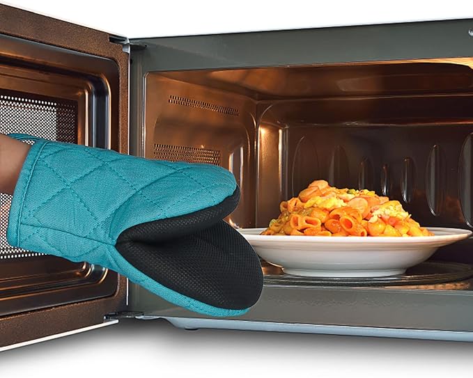 Short Oven Mitts, Heat Resistant 500°F, Silicone Grip Kitchen Gloves, Non-Slip for Baking, Grilling, BBQ, Machine Washable with Hanging Loop, 2-Pack Set, Coral Blue