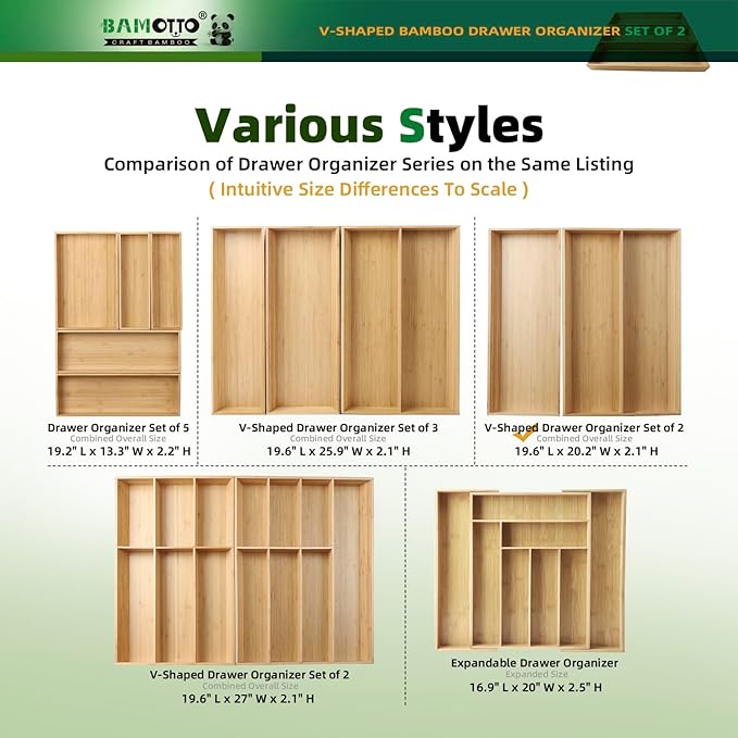 BAMOTTO CRAFTBAMBOO V-Shaped 2-Pack 19.6" Long Bamboo Drawer Organizer Box - Easy Reach Kitchen Utensil Flatware Silverware Cooking Tools Storage for Home Bedroom Bathroom (19.6"x12.4"/19.6"x7.8")