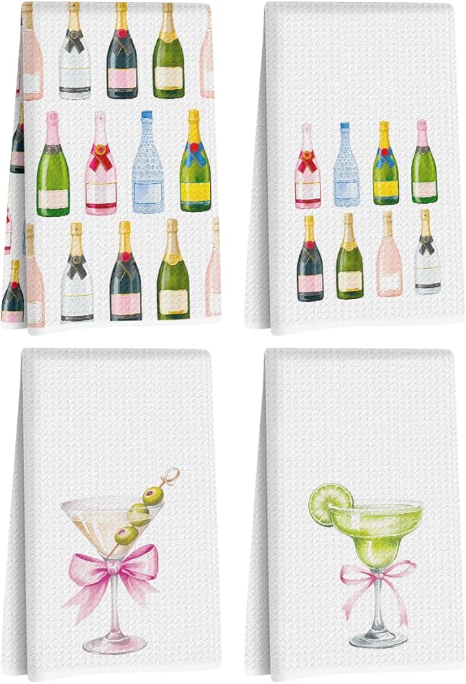 4 Pcs Dirty Martini Gifts Kitchen Towels 24x14 Inch, Hostess Gift Reusable Dish Towels for Kitchen Decor, Cocktail Gift Waffle Weave Hand Towel, Champagne Accessories, Champagne Lovers Gifts for Women