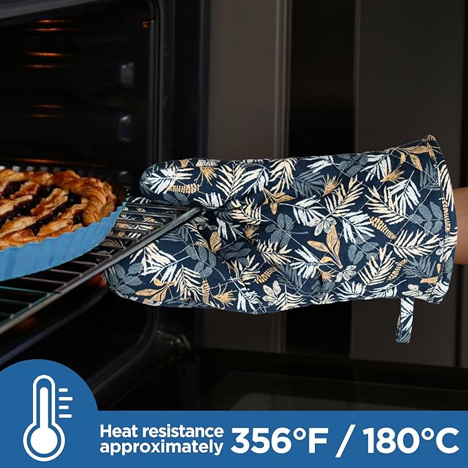 BONTHEE Oven Gloves Extra Long Cotton Cooking Gloves with Non-Slip Striped Baking Gloves for Cooking Baking Grilling - 2PCS