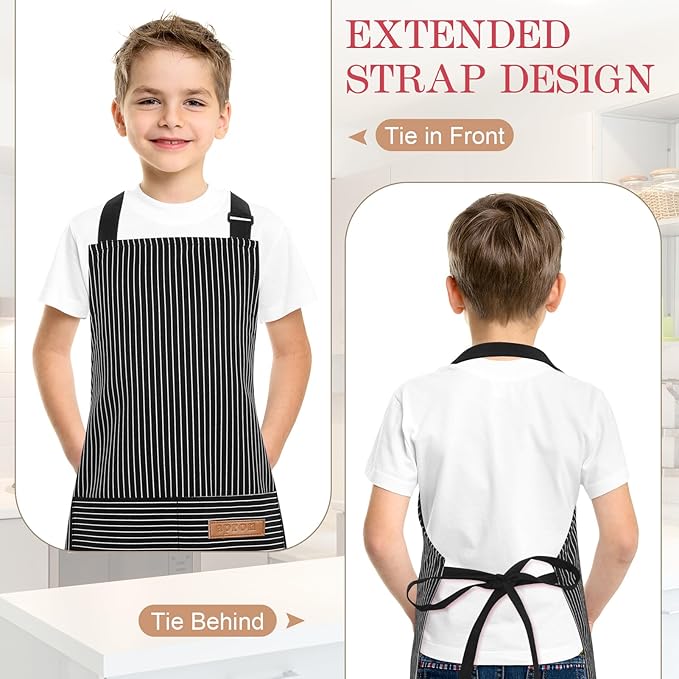 3 Pack Stripes Kids Apron, Adjustable Kids Cooking Aprons with 2 Pockets, Cute Chef Baking Aprons for Boys and Girls