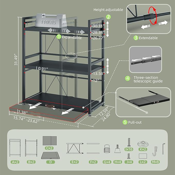 NETEL Expandable Microwave Stand,3 Tier Metal Kitchen Countertop Organizer Shelves with 8 Hooks,Bakers Rack,Pull-Out Microwave Shelf,110lbs Weight Capacity,Black