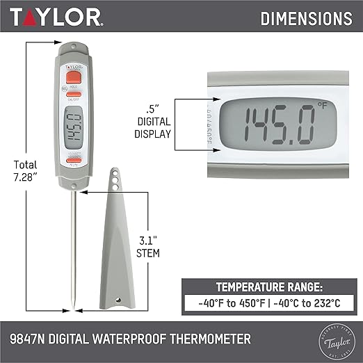 Taylor 9847 Waterproof Digital Instant Read Meat Food Grill BBQ Kitchen Cooking Thermometer, Comes with Sleeve Extender and Lanyard