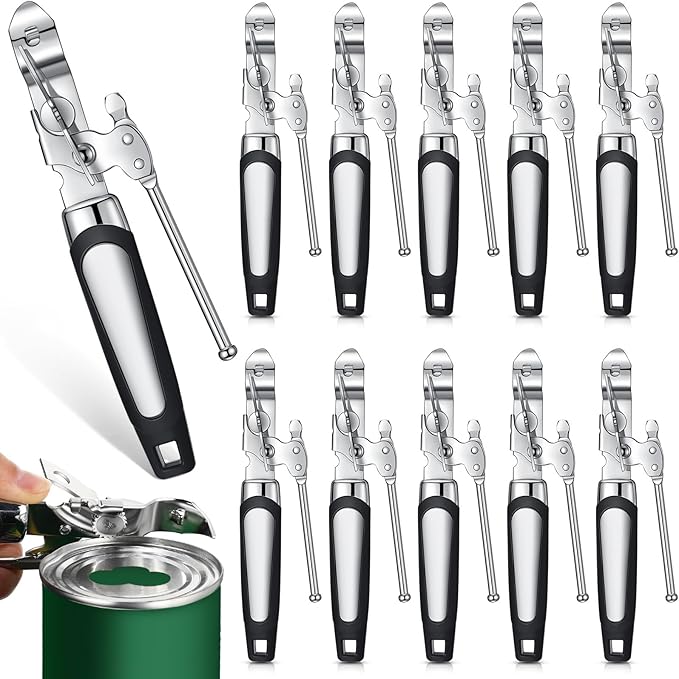Gisafai 10 Pcs Can Opener Manual Bulk Smooth Edge with Sharp Blade and Soft Non Slip Grip Handle Heavy Duty Handheld Safety Can Opener, Black and Silver