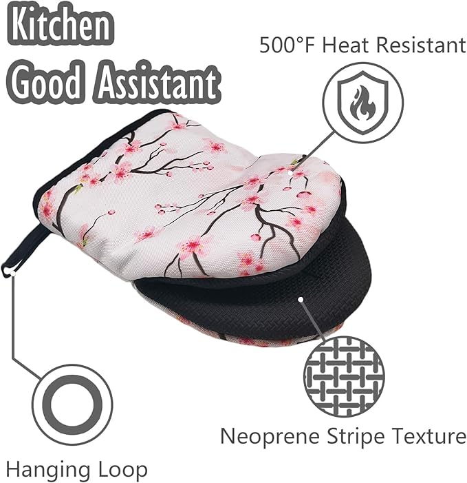 Pink Cherry Blossoms Oven Mitts, High Heat Resistant Kitchen Oven Gloves, Mini Silicone Oven Mitts, Non-Slip Grip Surfaces and Hanging Loop for Grilling, Baking, Cooking and Microwave, Gift