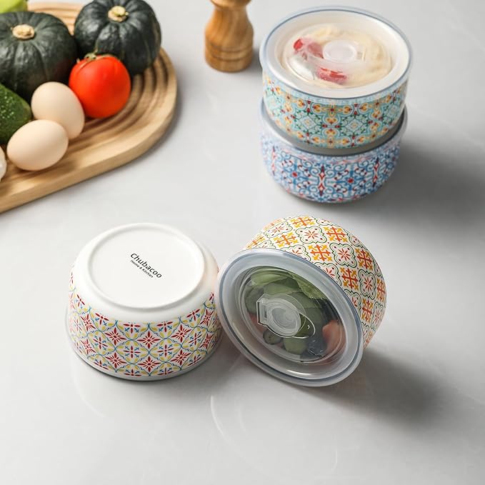 Ceramic Bowls Set with Lid: Microwave Safe Soup Containers for Meal Prep, Cereal, Salad, Picnic, Camping, Office Lunch, Kitchen Food Storage - 5 Inch, 20 oz, 4 PCS, Design D
