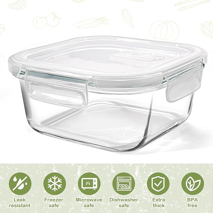 Square Glass Containers with Lids 24oz - Borosilicate Glass Food Storage Set 3 Cup, Freezer Safe Meal Prep Containers, Sandwich Lunch Box, Yogurt Cereal Bowls with Vented Lids BPA Free 4 Pack