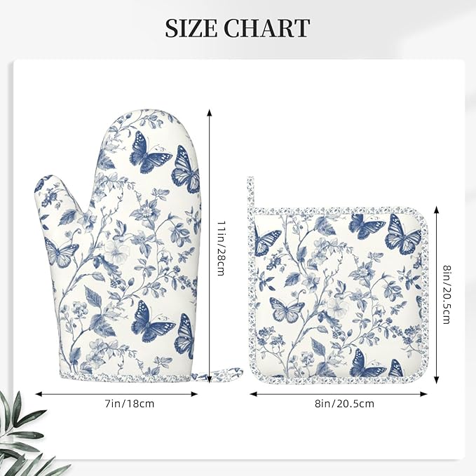 Oven Mitts and Pot Holders Butterfly Flower Vintage Blue Silicone Kitchen Accessories Set of 2 Heat Resistant Long Gloves Potholder Non-Slip Grip for Chef Cooking Baking Grilling BBQ