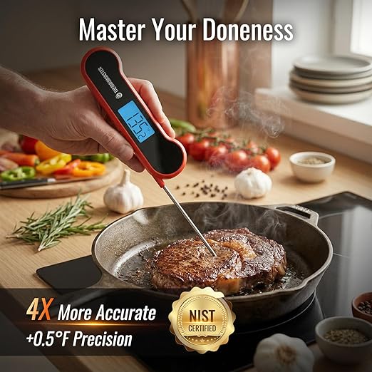 0.5 Sec Instant Read Meat Thermometer Digital with ±0.5℉ Precision, Food Thermometer for Cooking Kitchen Gadgets, Oven Grill Candy BBQ Essentials Accessories, Gifts for Him Dad Men Birthday, Red