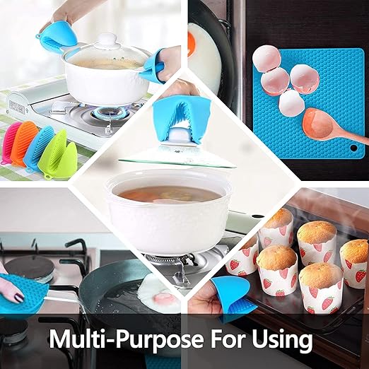 Silicone Oven Mitts and Pot Holders Set, MTZRFLL Extra Long Heat Resistant Oven Gloves with Hot Pads and Mini Oven Mittens for Grilling, Kitchen Cooking Baking, Soft Quilted Lining, Pack of 6 (Blue)