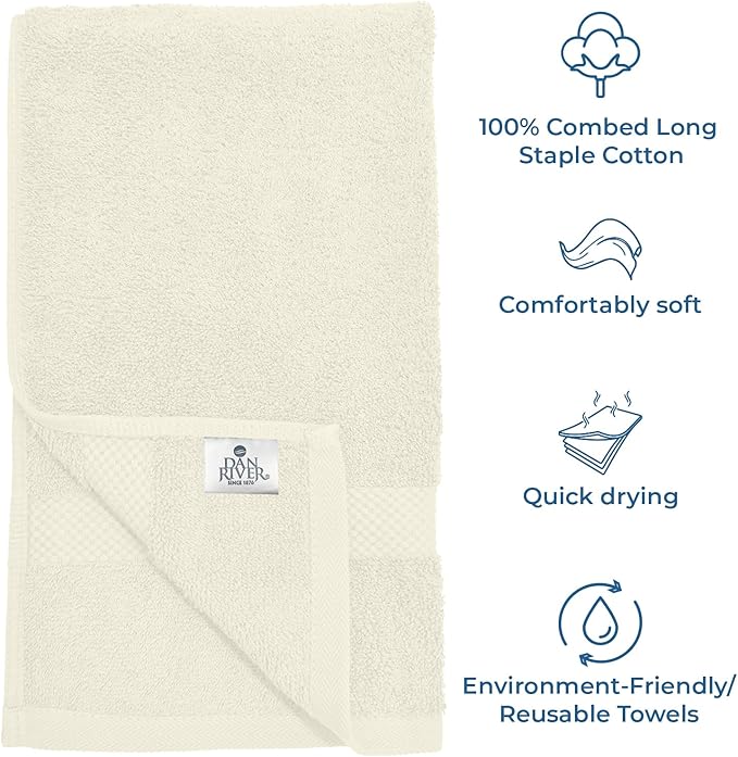 DAN RIVER 6-Pack Premium Hand Towels (16x28 Inches) - 100% Cotton, Ultra Soft, Lightweight, Highly Absorbent Towels for Bathroom, Spa, Gym, Salon, Hotel, and Travel - Ivory