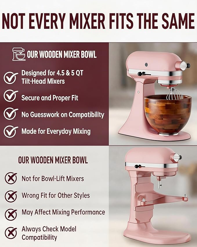 Wood Mixing Bowl Compatible with KitchenAid 4.5 & 5 Qt Tilt-Head Stand Mixer, 5QT Wooden Bowl with Stainless Steel Base, Natural Nonstick Mixing Bowl, Gift for Bakers