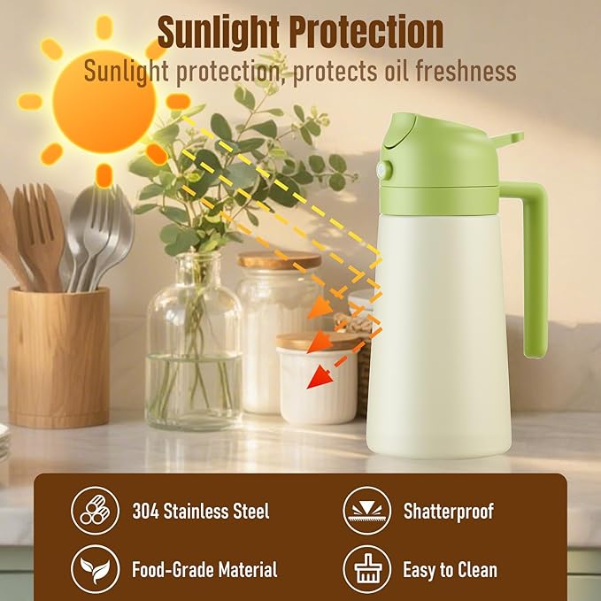 Baalaka Oil Sprayer for Cooking, Olive Oil Dispenser Bottle for Kitchen, 2 in 1 oil dispenser and oil sprayer, Stainless Steel Oil Bottles for Kitchen, Air Fryer BBQ Salad Baking (Green 16oz/470 ml)