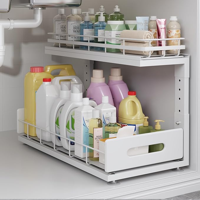 Under Sink Organizer Upgrade To Professional Rails,2-Tier Dual Pull Out Cabinet Storage,Height Adjustable Slide Out Drawers For Bathroom Kitchen,1 Pack-18.5"Dx12.8"-16.9"H,White