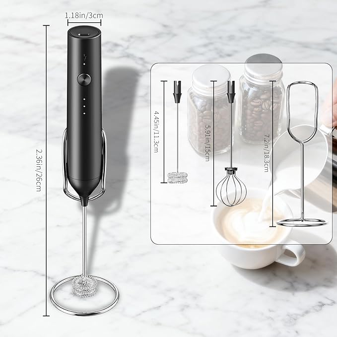 Milk Frother Handheld Rechargeable, Hand Frother with Stand, Drink Mixer Frother Wand Electric Whisk Stirrer for Coffee, Latte, Matcha, Cappuccino, Hot Chocolate, Kitchen Gifts - Black