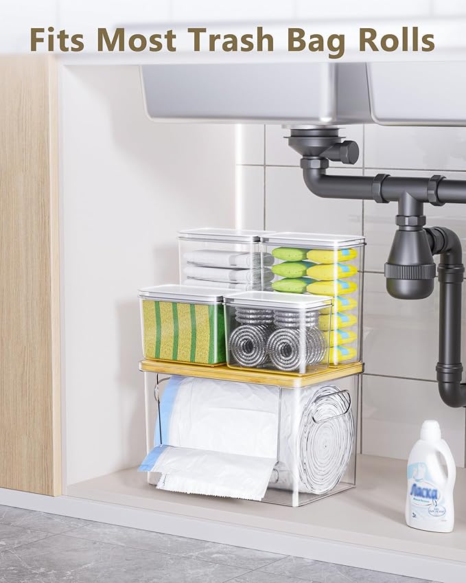 iCASA Trash Bag Dispenser Dishwasher Pods Container, 5 in 1 Garbage Bags Holder Under Sink Organizer Acrylic Laundry Pod Detergent Powder Container, Kitchen Pantry Laundry Room Organization Storage