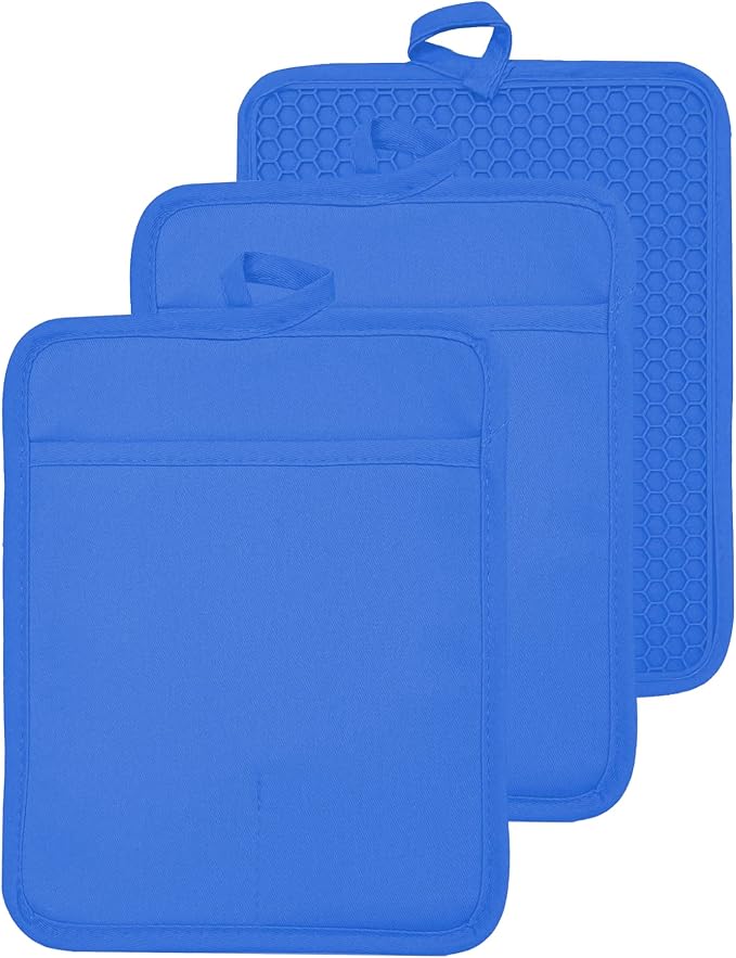 Oven Pot Holder with Pocket Cotton Heat Resistant Coaster Potholder Kitchen Hot Pad Oven Mitts for Cooking and Baking Square 7"x9" (Klein Blue, Silicone)