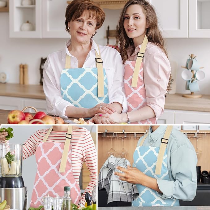 2 Pieces Aprons for Women with Pockets, Cotton Linen Waterproof Kitchen Cooking Aprons, Chef Apronfor Men Women with Adjustable Neck Strap and Long Ties(Pink/Blue)