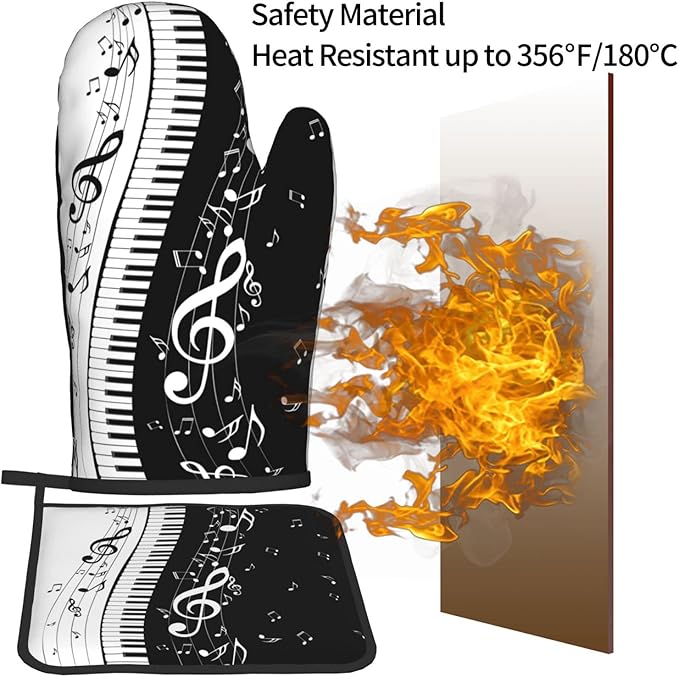 Piano Keys and Notes Oven Mitts and Pot Holders Heat Resistant Oven Mitts Safe for Baking Cooking BBQ