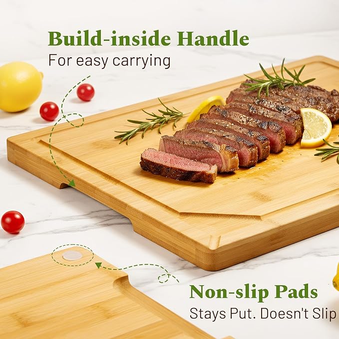 Kikcoin Over Sink Bamboo Cutting Boards for Kitchen - 3+1 Piece Self-Draining Healthy Wood Cutting Board Set with Built in Handle& Spout, Charcuterie& Meat Extra Large Butcher Chopping Boards, Natural