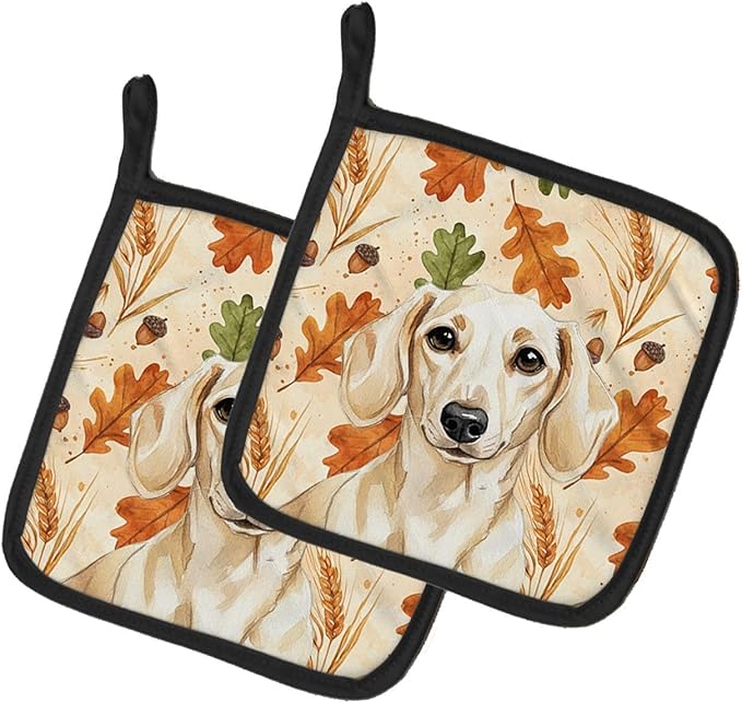 Caroline's Treasures Cream Dachshund Heirloom Fall Pair of Pot Holders Pair 7.5x7.5 Quilted Insulated Hot Pads Decorative Kitchen Gift Made in USA