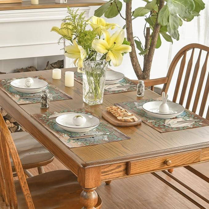 Artoid Mode Wood Eucalyptus Eggs Easter Placemats Set of 4, 12x18 Inch Spring Seasonal Table Mats for Party Kitchen Dining Decoration