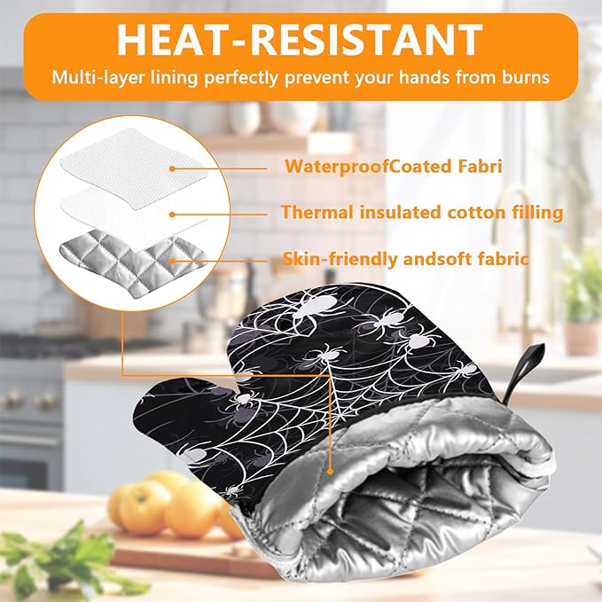 Spider Web Oven Mitts and Pot Holders Sets 4Pcs,Extra Long Oven Gloves Potholder for Kitchen Cooking Baking BBQ 100% Cotton Heat Resistant