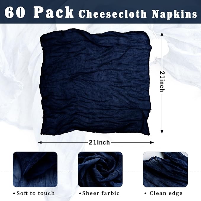 60 Pack Navy Blue Cheesecloth Napkins Washable Set of 60 Navy Blue Cloth Napkins 21x21 Inches Rustic Boho Cotton Gauze Dinner Table Napkins for Wedding Bridal Baby Shower Summer Party Table Decor