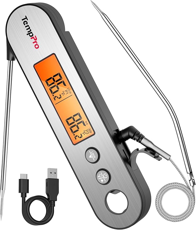 TempPro TP610 Rechargeable Instant Read Thermometer for Cooking, Stainless Steel Meat Thermometer Digital with Alarm, Waterproof Cooking Thermometer for Grill, Smoker, BBQ, Oven(Previously ThermoPro)