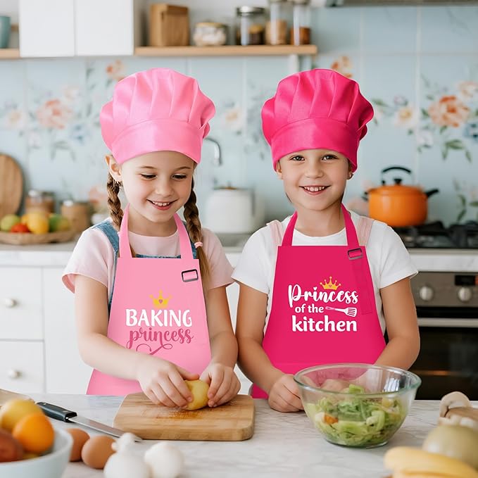 GROBRO7 4Pcs Kids Apron and Chef Hat Set Gift for Girls, Princess Kitchen Baking Princess Pattern Adjustable Kitchen Aprons with 2 Pockets Waterproof Smocks Hats for Baking Cooking Painting Training