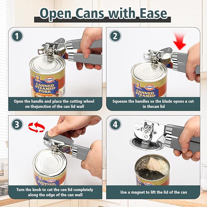 Multifunctional Heavy Duty Can Opener Manual Smooth Edge Can Opener and Bottle Openers with Magnet Durable Sharp Cutting Blade Comfortable Handle Big Effort-Saving Knob Kitchen Tool