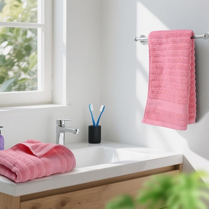 Jacquotha 2-Pack Hand Towels for Bathroom (Pink) Ribbed – Cotton Face Towel for Women Girls, 13” x 29”, Soft and Quick Drying 480 GSM