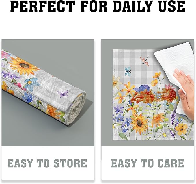 Giwawa Spring Floral Placemats, 12"x18" Summer Flowers Grey Checkered Linen Table Mats Set of 4, Watercolor Wildflower Butterfly Washable Heat Resistance for Seasonal Kitchen Dining Decor