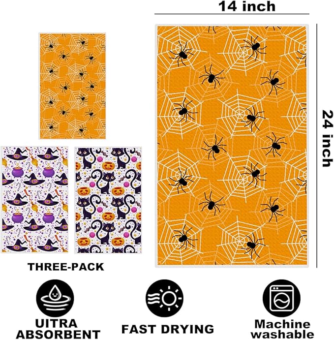 3 Pcs Halloween Themed Kitchen Towels, Spider Net & Cat Decorative Absorbent Microfiber Dish Cloth Tea Towel, Witch Stuff Waffle Hand Towels for Farmhouse Home Bathroom, Halloween Gifts