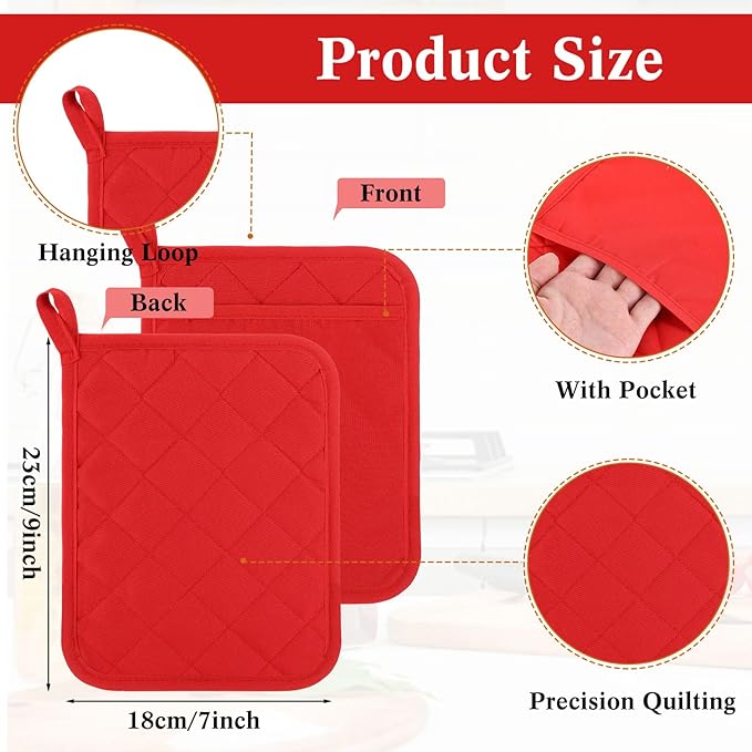 Hoolerry 20 Pieces Pot Holders with Pocket Sublimation 7x9'' Cotton Oven Pot Holders Bulk with Hanging Loops Pads for Kitchen Cook Baking (Red)